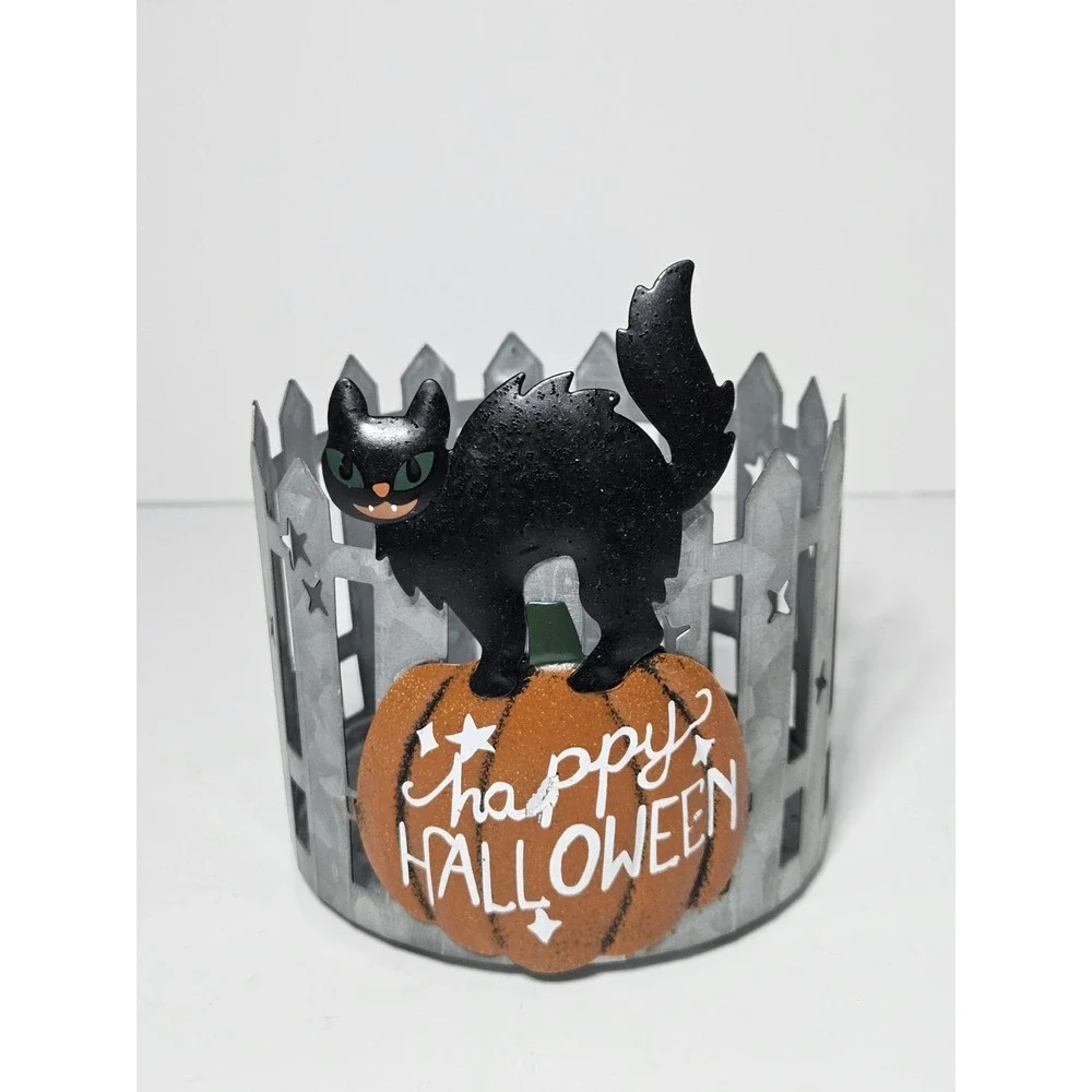 Kohl's Celebrate Halloween Together Black Cat Pumpkin Candle Holder Metal Fence